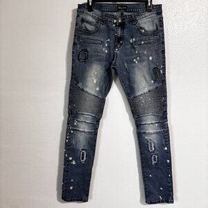 CJ Black Premium Skinny Flex Jeans 34x34 Moto Distressed Paint Splatter Denim